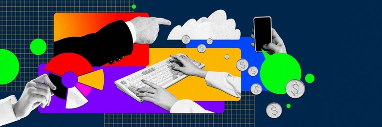 company development. employees working, chatting, controlling projects. contemporary art collage. concept of business and office, innovations, success, development and profession