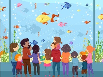 illustration of a family watching sea animals in a giant aquarium