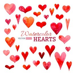 set of vector watercolor hearts. hand-drawn various hearts isolated on white background. wedding or valentine's template. 