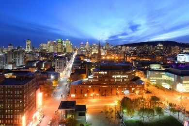 montreal city skyline at sunset, montreal, quebec, canada