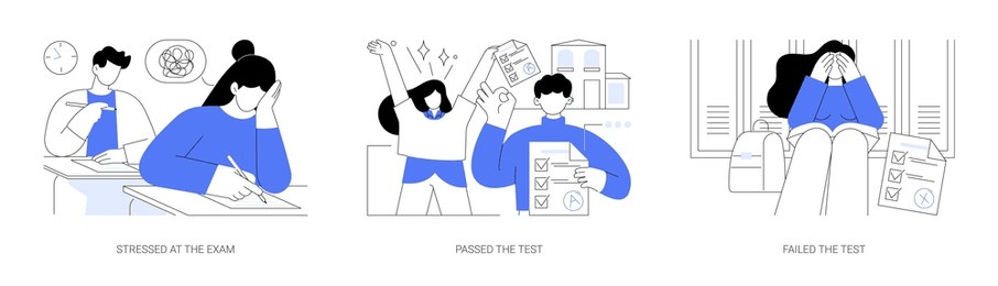 exams isolated cartoon vector illustrations set. stressed teenager trying to remember information, happy students passes the test, young person sad about failing at examination vector cartoon.
