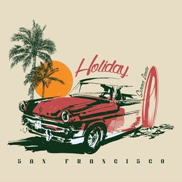 beach vintage car with surfboard palm trees and the sun. long beach, summer vibes hand draw, summer slogan with beach illustration, hawaii, aloha surf typography for t-shirt print, beach vector print,