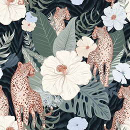 seamless pattern. leopards and tropical flowers, plant botanical pattern on a dark background for fabric, wallpaper, dishes and other surfaces.