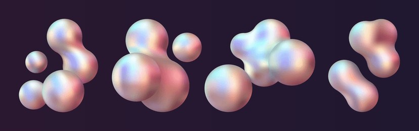 3d liquid blobs set. abstract colored spheres in flight. vector realistic render of bubbles on an isolated white background. illustration of lava lamp elements in y2k style.