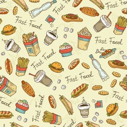 vector seamless pattern with hand drawn fast food. background for use in design, web site, packing, textile, fabric