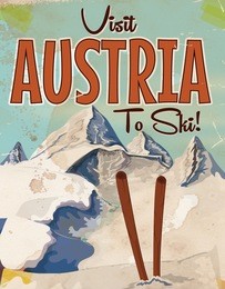 visit austria to ski vintage style poster.