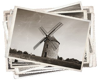 vintage photos with old windmill in normandy, france