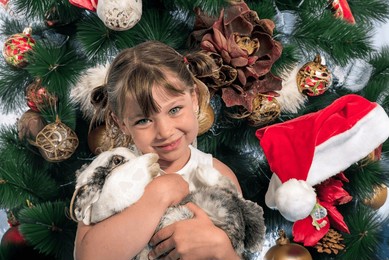 pretty young girl in her house with her rabbit as a christmas present