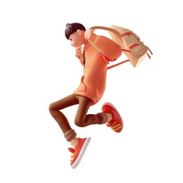 young cute excited funny smiling сasual active guy wears fashion clothes red hoodie, brown jeans, sneakers, yellow backpack jump up in air have fun, rejoice, joy. 3d render isolated on white backdrop.