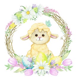 a cute lamb and a butterfly, surrounded by a wreath of spring flowers, easter eggs, a watercolor wreath, in cartoon style, on an isolated background.