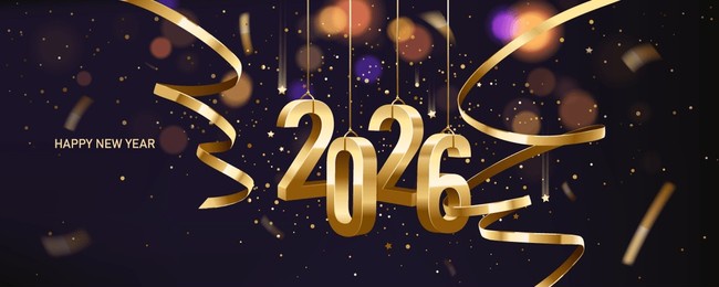 happy new year 2026. hanging golden 3d numbers with golden ribbons and confetti on a defocused colorful, bokeh background.