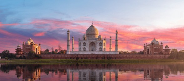 famous taj mahal on sunset, view from the river yamuna, agra, india