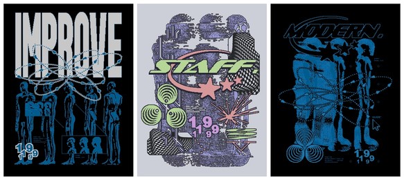 abstract retro futuristic poster with blurred people. modern pixel prints with dither effect. typography vector posters