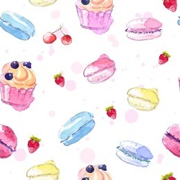 seamless pattern with hand painted watercolor cupcake, macaroons and strawberry. vector background.