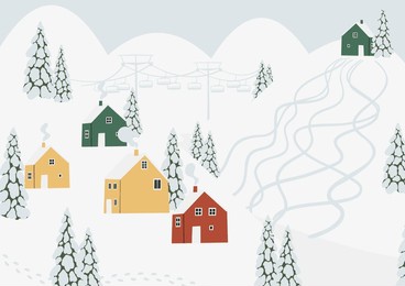 winter snowy landscape clipart, scene background vector illustration, forest scenery wall art print, mountain village printable poster, winter season digital download card, house flat style images.