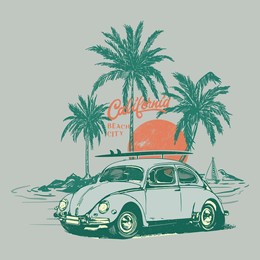 california beach city classic vintage car summer time, summer beach vector print design artwork, beach paradise print t-shirt graphics design, typography slogan on palm trees background vector formats