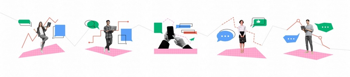 banner picture artwork collage of business people sharing news information in social media using modern technology