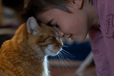 boy hugging his sleeping cat