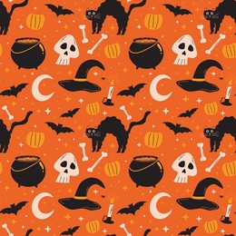 halloween seamless vector pattern with black cat, witch hat, pumpkin, cauldron, bats, candles, skull, bones, moon and stars, witchy illustration, witch-themed, magic, spell, potion 