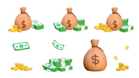 money bag icon set multiple views, multiple angles of money bag icon on white background, 3d illustration money and finance icons, 3d icons