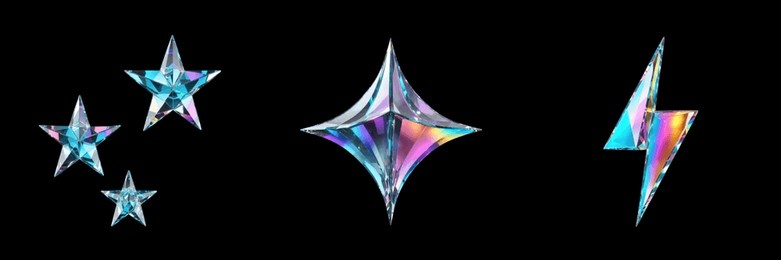 3d trendy holographic futuristic set object,glass element,colorful,rainbow gradient icon on black background. 3d rendering