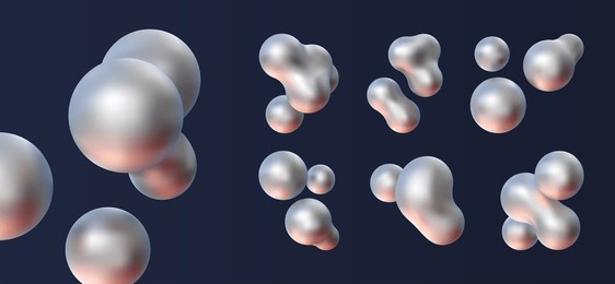 3d metal chrome liquid blobs set. abstract colored spheres in flight. vector realistic render of bubbles on an isolated white background. illustration of lava lamp elements in y2k style.