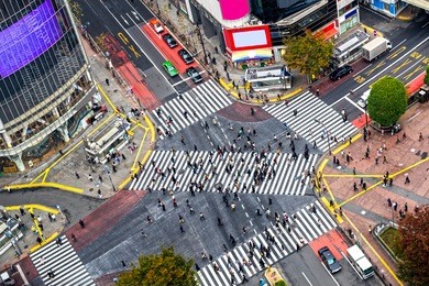view of shibuya crossing, one of the busiest crosswalks in the world. tokyo, japan.