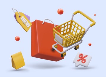 giant red bag with place for brand, shopping cart, tags, discount sign. time for shopping. advertising vector composition for store. online sale, color layout