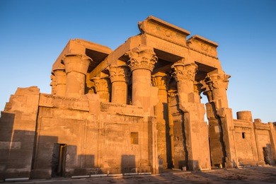temple of kom ombo during the sunrise, egypt. it's dedicated to the crocodile god sobek and the falcon god haroeris