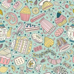 cute seamless pattern with sweets and desserts: cupcake, ice cream, teapot. doodle style vector. baked goods, restaurant menu and tea party background. 