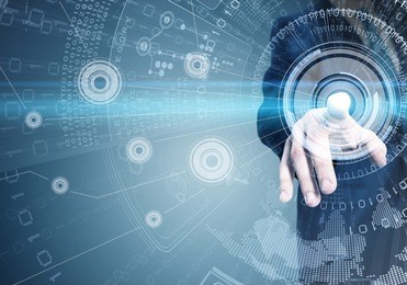 close up of businessman touching digital screen with finger