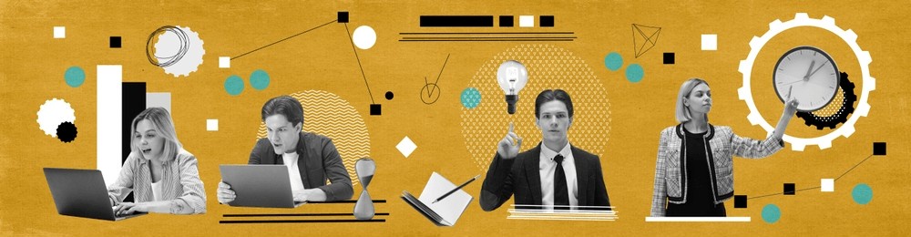 employees of targeting and marketing department working on laptop, generating profitable strategies for projects promotion. contemporary art collage. concept of business, innovations