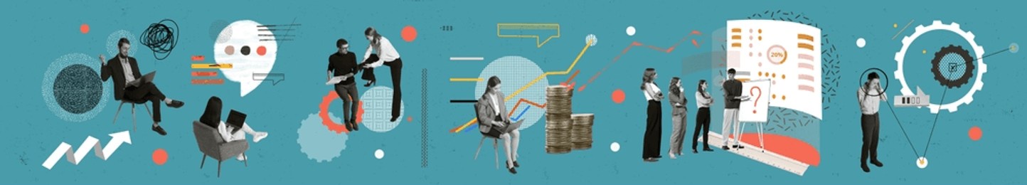 employees working on strategies to developing economical growth, checking financial graphs. contemporary art collage. concept of business, innovations, traders, trade market, analytics