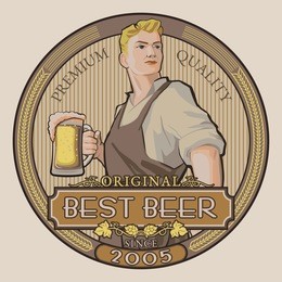 determined young man in working clothes holding pint of beer vector label design. logotype and badge template for breweries, pubs, brasseries, brew houses and beer bars isolated on white background