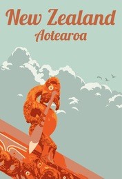 new zealand vintage poster, maori wood carving