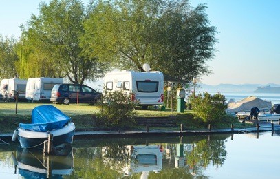 beautiful view on camping site in the morning light. italy