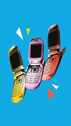 poster. contemporary art collage. modern creative artwork. vintage cell phone mobile device isolated blue background. image in old paper style. concept of youth culture, retro, technology. copy space.