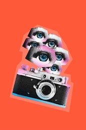 poster. contemporary art collage. modern artwork. vintage photo camera with a lot of baby-doll eyes isolated orange background. image in old paper style. concept of youth culture, retro, technology.