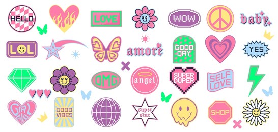 collections of cool trendy y2k stickers with phrases, stars, flowers, smiles and others. funky, groovy, hipster patches set. modern vector illustration isolated on white background.