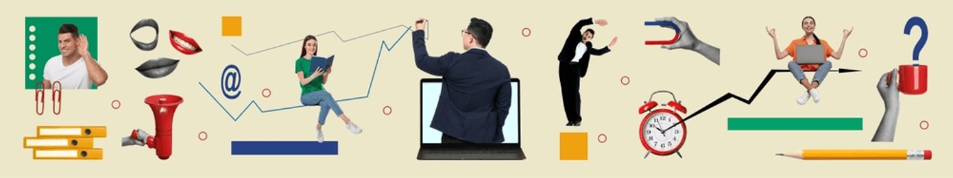 marketing concept. creative collage with people on beige background