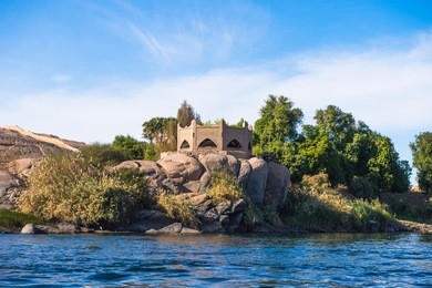 coastline of the nile river part called first cataract, aswan, egypt