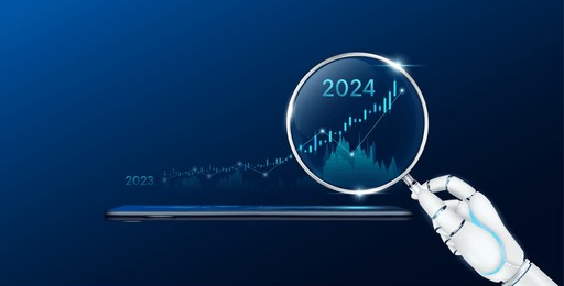 robot holding magnifying glass look chart stock market growth 2024. analysis candlestick with ai technology up trend of graph on smartphone. planning business strategy financial investment. vector.