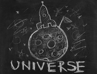 icon universe, hand draw on chalkboard, blackboard texture