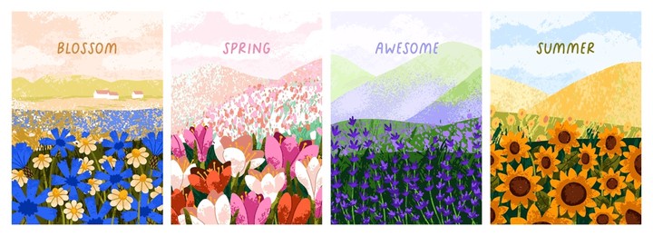 field flowers, nature card backgrounds set. floral plant posters, spring and summer nature landscapes. blossomed blooms, meadow hills, vertical countryside banners. colored flat vector illustrations