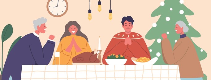 gathered around festive table, family bows in christmas prayer, hands joined, hearts grateful. glow of love and holiday