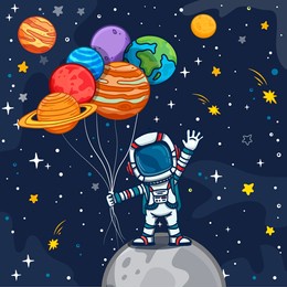 cute cartoon astronaut with planets. planet balloons. stars and planets in the universe. flat cartoon style, doodle. 