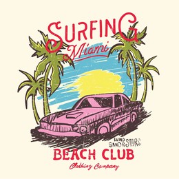 surfing beach paradise with surf car, summer wave surf illustration with palm trees for t shirt, sweatshirt and other uses.  hand drawn and clean vector surf designs.