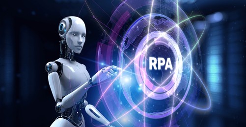 rpa robotic process automation concept. robot pressing button on screen 3d render.