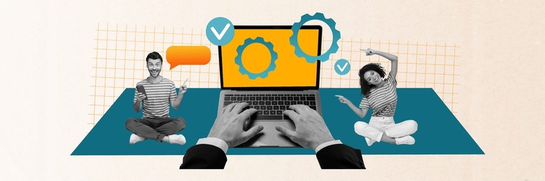 creative collage of mini black white colors people use smart phone dialogue bubble point finger big netbook arms typing cogwheel gear check mark