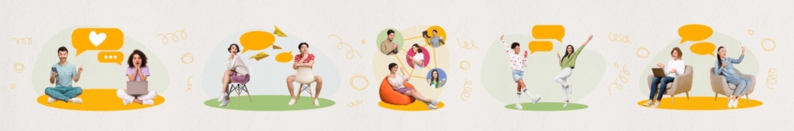 pictures panorama collage collection of different people in relationships connect together remotely chatting isolated on white background